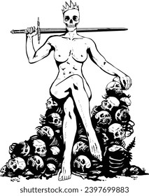 El cráneo de la reina asesina con espada y sus esqueletos el trono negro y blanco