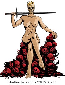 El cráneo de la reina asesina con espada y sus esqueletos trono colorido