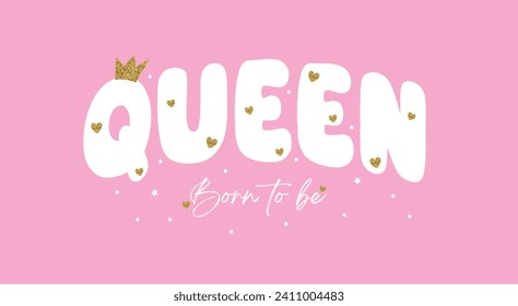 Queen slogan vector with gold glitter heart illustration for t-shirt and other uses