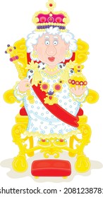 Queen in solemn royal dress with a kingly crown sitting on her throne and holding symbols of royalty at an official festive ceremony in a palace, vector cartoon illustration isolated on white