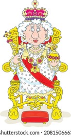 Queen in solemn royal dress with a kingly crown sitting on her throne and holding symbols of royalty at an official festive ceremony in a palace, vector cartoon illustration isolated on white