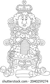 Queen in solemn royal dress sitting on her royal throne and knitting a warm striped scarf at leisure, black and white outline vector cartoon illustration for a coloring book page