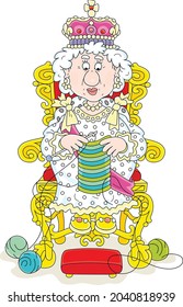 Queen in solemn royal dress sitting on her royal throne and knitting a warm striped scarf at leisure, vector cartoon illustration isolated on a white background