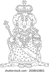 Queen in solemn royal dress with symbols of royalty at an official festive ceremony, black and white outline vector cartoon illustration for a coloring book page