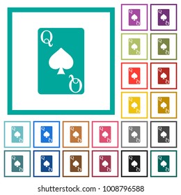 Queen of spades card flat color icons with quadrant frames on white background