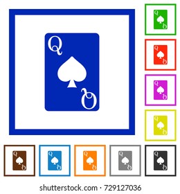 Queen of spades card flat color icons in square frames on white background