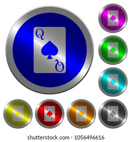 Queen of spades card icons on round luminous coin-like color steel buttons