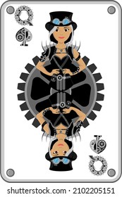 The Queen of Spades card in steampunk style. Vector illustration of board games.