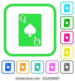 Queen of spades card vivid colored flat icons in curved borders on white background