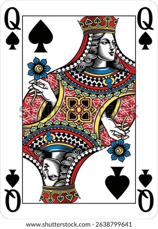 Queen of Spades design from a new original deck of playing cards. Four pip left handed version with identifier in all four corners.