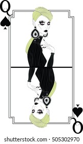 Queen of Spades.  Elegant Blonde Vampire with Big Earrings, Long Eyelashes and Black lipstick in Vintage Dress. Vector Illustration. Modern Playing Card.