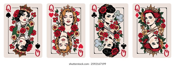 Queen of Spades, Queen of Hearts, Queen of Clubs and Queen of Diamonds. Playing cards vector set.