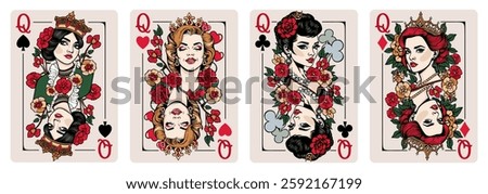 Queen of Spades, Queen of Hearts, Queen of Clubs and Queen of Diamonds. Playing cards vector set.
