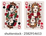 Queen of Spades and Queen of Hearts. Playing cards vector set.