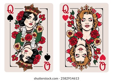 Queen of Spades and Queen of Hearts. Playing cards vector set.