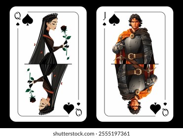 Queen of Spades and Jack of Spades, original playing card design on black background. Original design of playing cards. Vector illustration