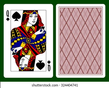Queen of Spades playing card and the backside background. Vector illustration
