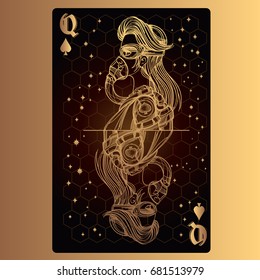 Queen of spades. Playing card with original design on the theme of space.