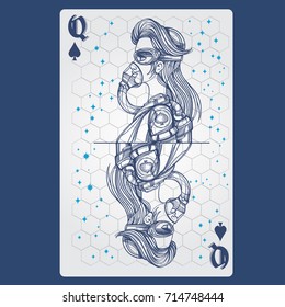 Queen of spades. Playing card with original design on the theme of space.