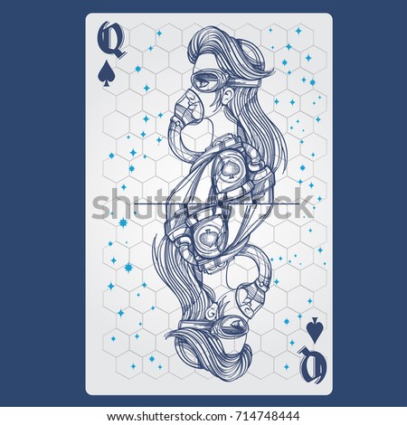Queen of spades. Playing card with original design on the theme of space.