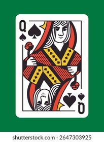 Queen of Spades jogando carta com vermelho, amarelo e preto design estilizado, com linhas e detalhes em negrito, mostrados em um fundo verde escuro. Conceito de jogos. Ilustração vetorial