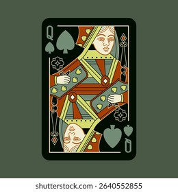 Queen of Spades, playing poker card in black design. Isolated vector illustration. Editable stroke lines.