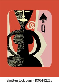 queen of spades. Stylized Vector Vintage style playing card . painted card with Woman with flower in red hair