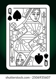 Queen Spades  suit playing card, vintage classic design, isolated on white, editable vector stroke line.