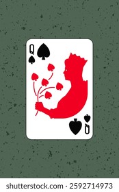 Queen, Spades suit. Poker gambling playing printable card. Vector illustration. Cartoon character silhouette. A woman with a crown and a flower. Design number 2.