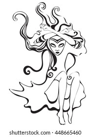 Queen of Spades. Virgo zodiac sign. Psychedelic, abstract gothic girl in surreal style. Monochrome lady, black and white vector illustration. For the design of card, astrology, coloring book, tattoo