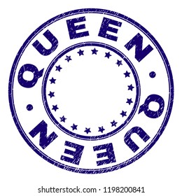 QUEEN stamp seal watermark with distress texture. Designed with circles and stars. Blue vector rubber print of QUEEN caption with corroded texture.