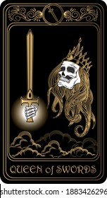 Queen of Swords. Card of Minor arcana black and gold tarot cards. Tarot deck. Vector hand drawn illustration with skull, occult, mystical and esoteric symbols.