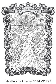 Queen of swords. Minor Arcana tarot card. The Magic Gate deck. Fantasy engraved vector illustration with occult mysterious symbols and esoteric concept