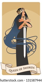 Queen of Swords with spades crown, holding a sword surrounded by her long hair. Minor arcana Tarot cards. Spanish playing cards. 