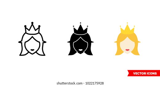 Queen symbol icon of 3 types: color, black and white, outline. Isolated vector sign symbol.