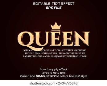 queen text effect, font editable, typography, 3d text for medieval fantasy and  rpg games. vector template