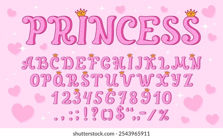 Tipografía de la reina, fuente de la princesa, tipo real, alfabeto del rey con lindas coronas de oro, juego de tipografía de Vector. Letras y números abc ingleses de lunares rosados en el fondo de la princesa femenina con corazones