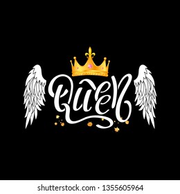 Queen. typography slogan print with crown and wings illustration with lettering