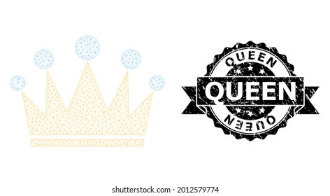 Estructura de malla de la corona vectorial y de la foca inmune de la reina. El sello negro tiene texto Reina dentro de cinta y rosette. Resumen de la corona de malla plana, creada a partir de malla plana.