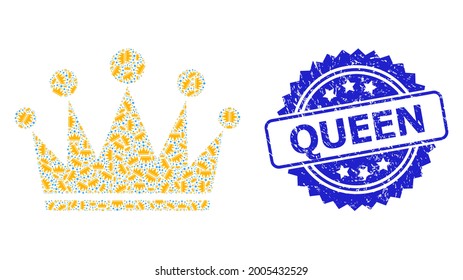 Queen unclean seal and vector recursive collage crown. Blue seal includes Queen caption inside rosette. Vector collage is organized of random rotated crown pictograms.