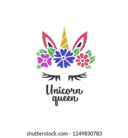 Queen unicorn hand drawn nursery print. Colorful cute drawing for kids apparel textile design. Motivational childhood related quote typography. Vector illustration.