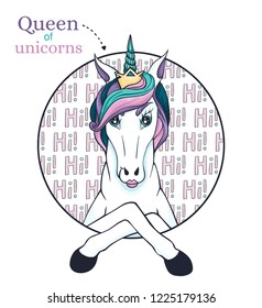 Queen of unicorns with multi-colored mane and yellow crown. Cartoon character. Portrait. Vector. Isolated on white. Idea of print for t-shirt or poster for girls.