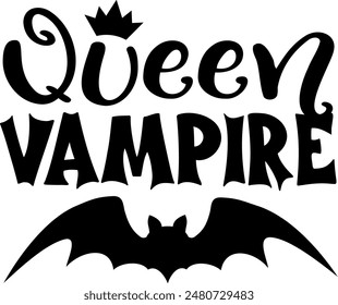 Queen vampire. Halloween party lettering logo phrase. Black design element. Fashion design. Vector font illustration.