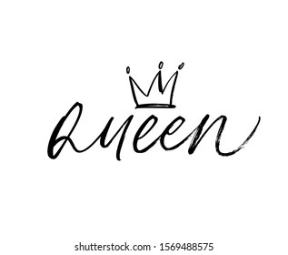 Queen - vector brush calligraphic word with crown clip art. Calligraphy fun design to print on tee, shirt, hoody, poster banner sticker, card. Modern stock illustration isolated on white background. 