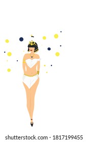 Königin, Vektorgrafik. Kleine Kreise Hintergrund. Ganze Karosse. Schwarze Haare und Krone.