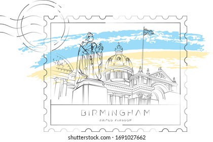 Queen Victoria sculpture and Birmingham museum stamp, vector illustration and typography design, Birmingham, UK