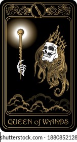 Queen of Wands. Card of Minor arcana black and gold tarot cards. Tarot deck. Vector hand drawn illustration with skulls, occult, mystical and esoteric symbols.