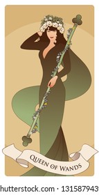 Queen of Wands with flowers crown, holding a rod surrounded by a garland of leaves and flowers. Minor arcana Tarot cards. Spanish playing cards.