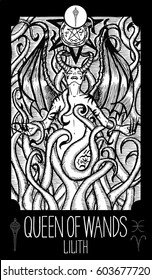 Queen of wands. Lilith. Minor Arcana Tarot card. Fantasy line art illustration. Engraved vector drawing. See all collection in my portfolio set