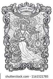 Queen of wands. Minor Arcana tarot card. The Magic Gate deck. Fantasy engraved vector illustration with occult mysterious symbols and esoteric concept